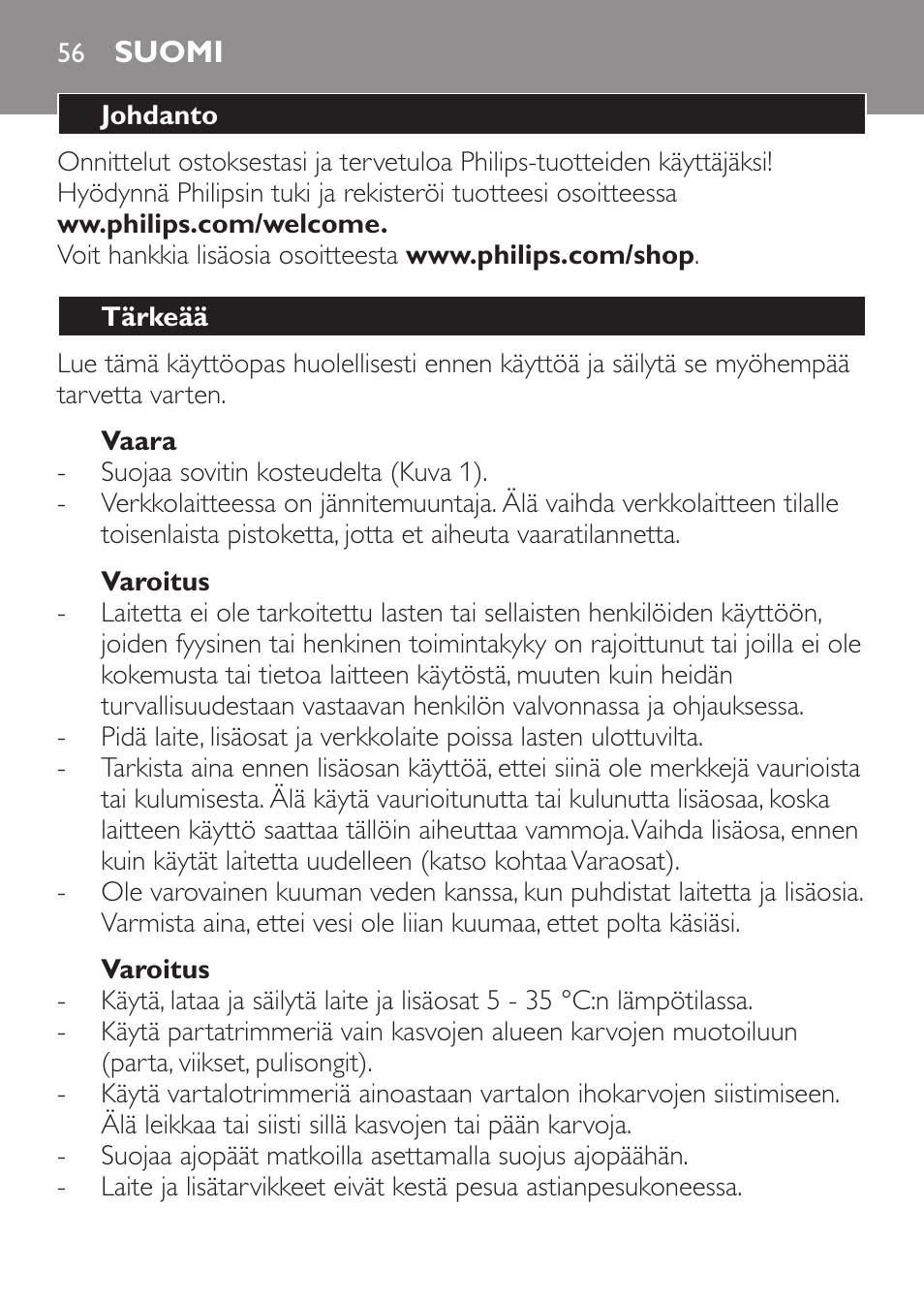 Suomi, Suomi 5 | Philips Click&Style afeitado y arreglo personal User Manual | Page 56 / 228