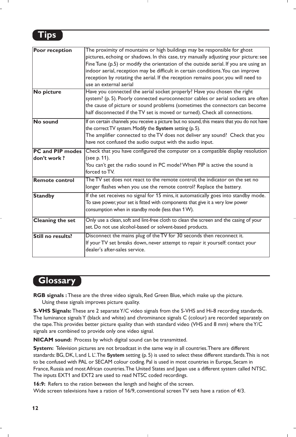 Glossary, Tips | Philips Matchline Flat TV User Manual | Page 12 / 120