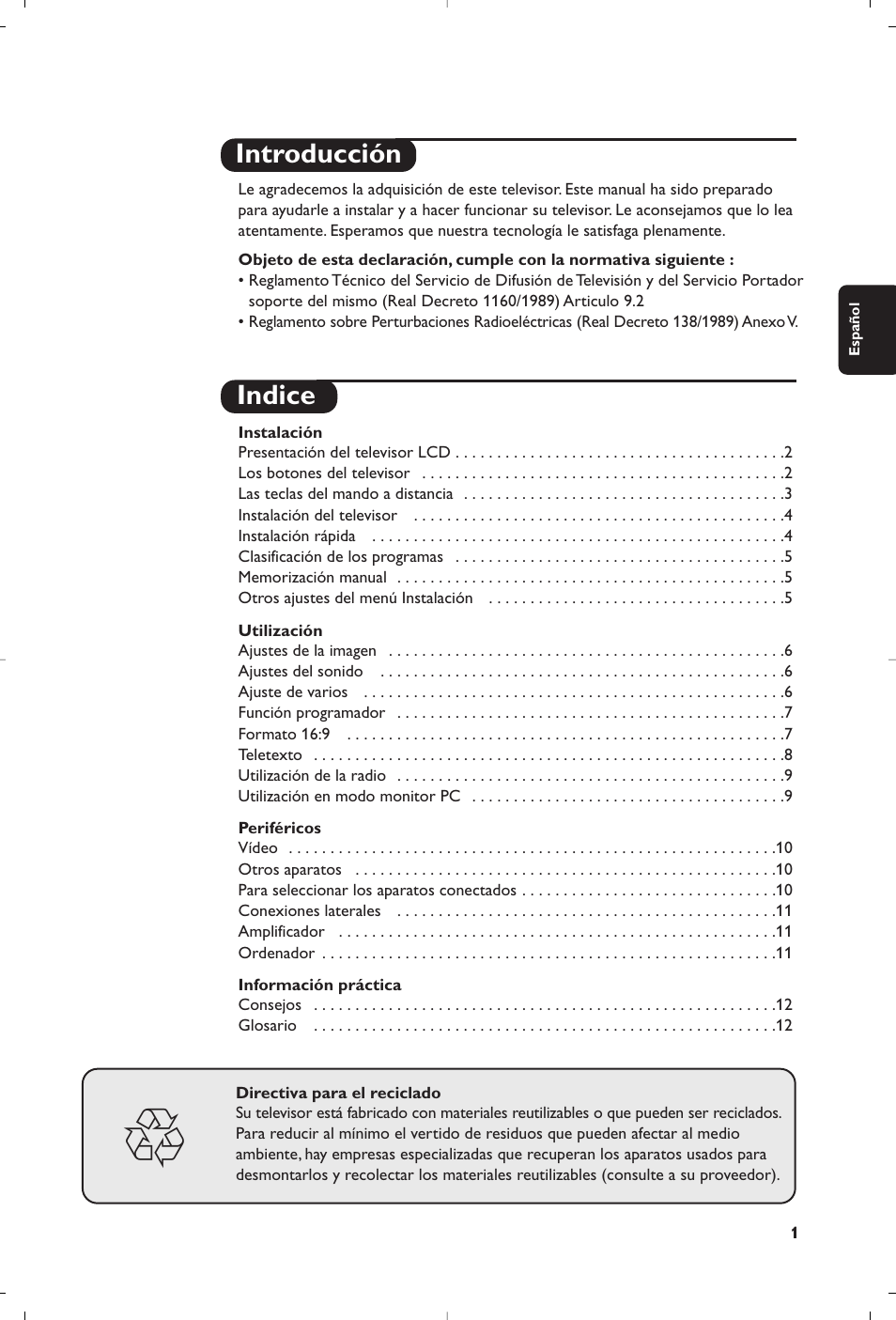 Introducción indice | Philips Matchline Flat TV User Manual | Page 13 / 120