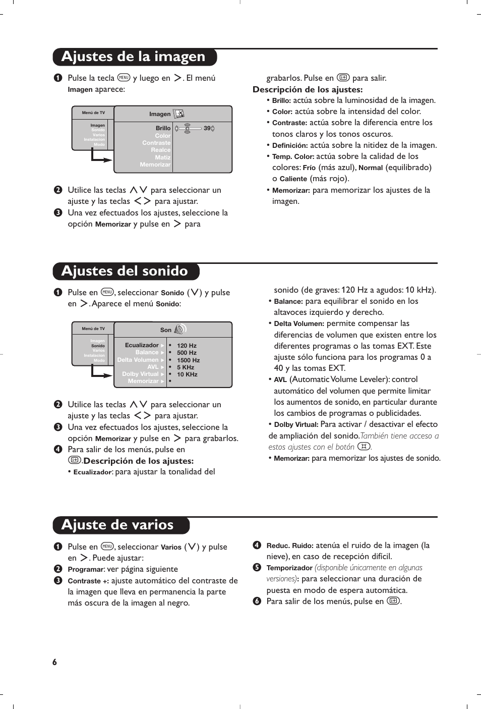 Ajustes de la imagen ajustes del sonido, Ajuste de varios | Philips Matchline Flat TV User Manual | Page 18 / 120