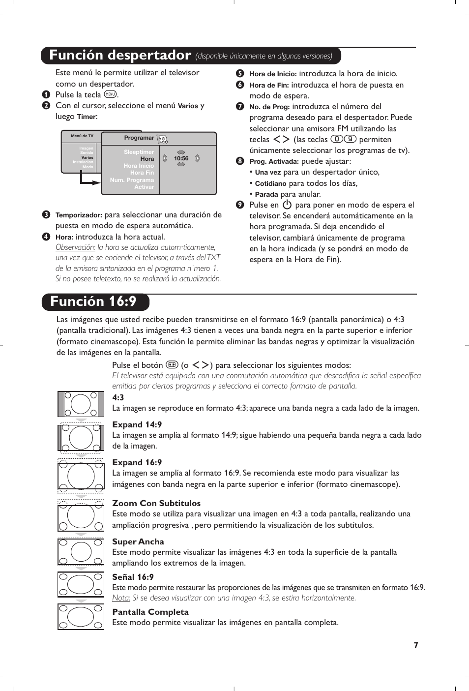 Función despertador, Función 16:9 | Philips Matchline Flat TV User Manual | Page 19 / 120