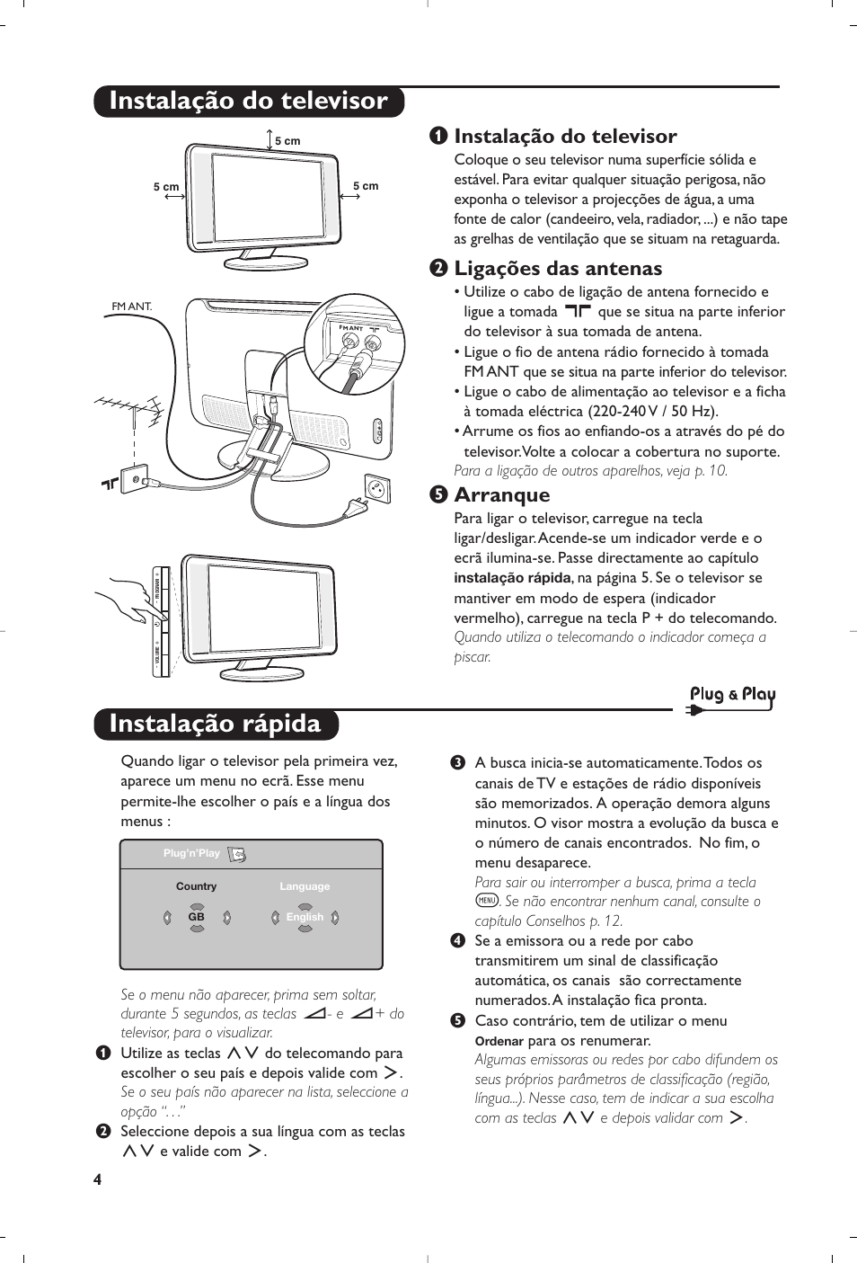 Instalação rápida, Instalação do televisor, Ligações das antenas | Arranque | Philips Matchline Flat TV User Manual | Page 28 / 120