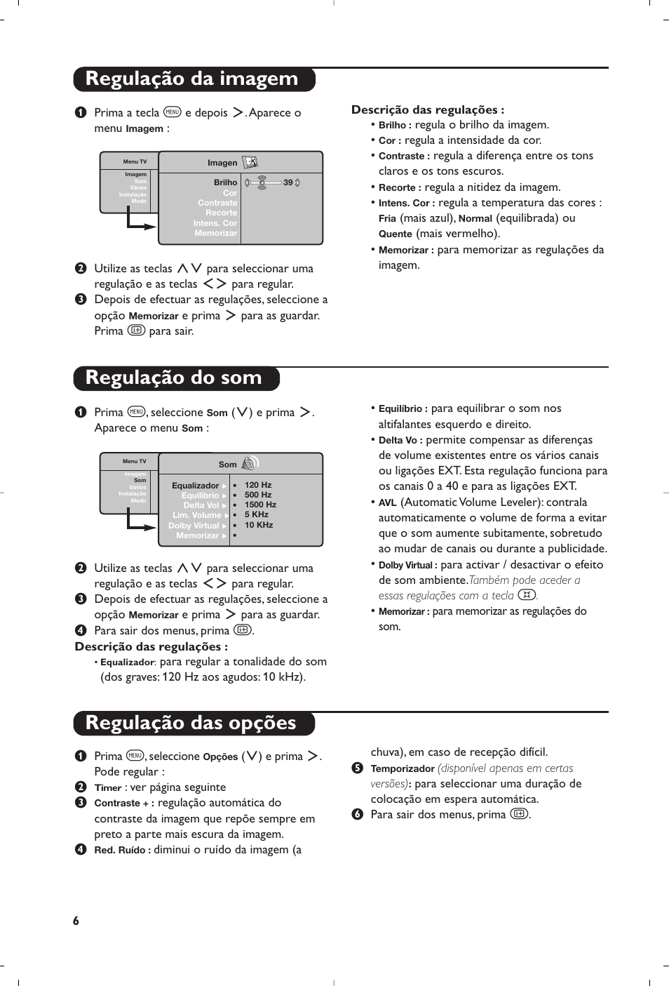 Regulação da imagem regulação do som, Regulação das opções | Philips Matchline Flat TV User Manual | Page 30 / 120