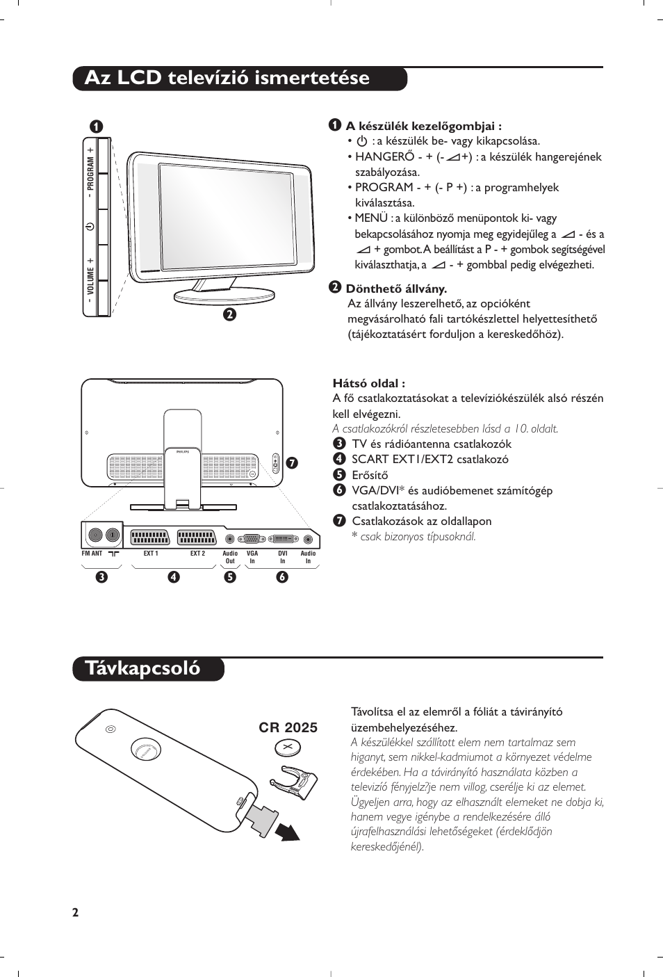 Az lcd televízió ismertetése távkapcsoló, Cr 2025 | Philips Matchline Flat TV User Manual | Page 38 / 120