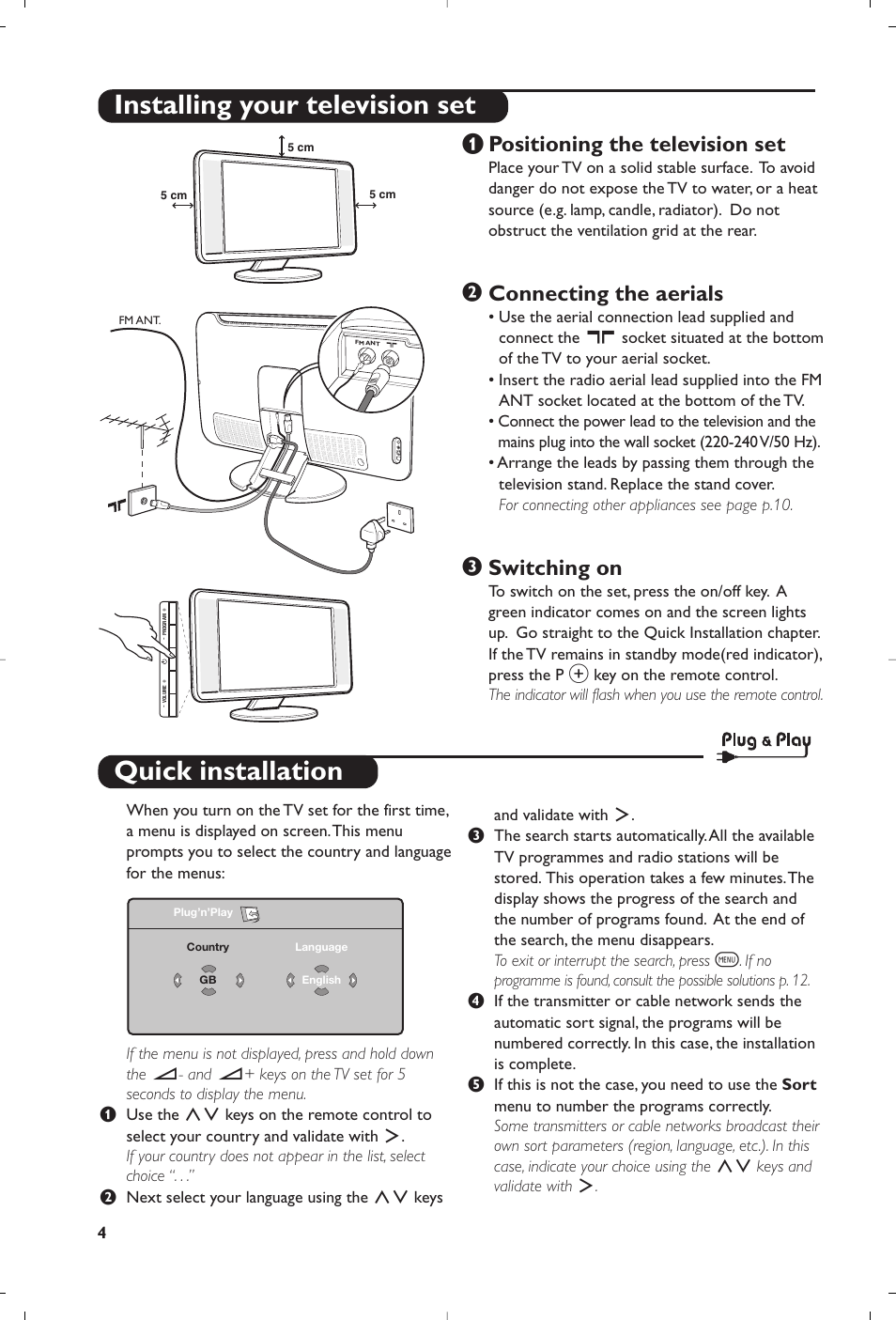 Quick installation, Installing your television set, Positioning the television set | Connecting the aerials, Switching on | Philips Matchline Flat TV User Manual | Page 4 / 120