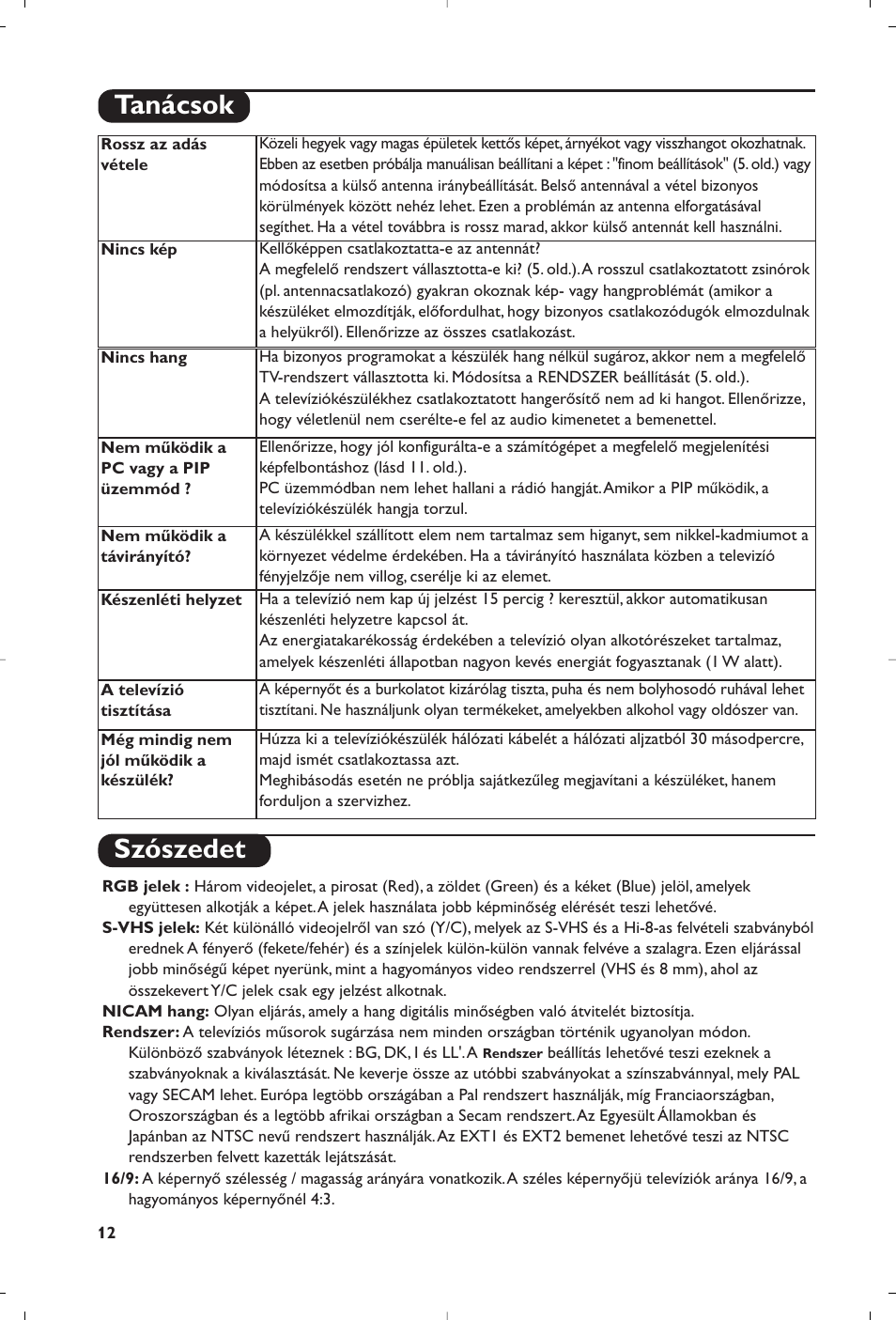 Szószedet, Tanácsok | Philips Matchline Flat TV User Manual | Page 48 / 120