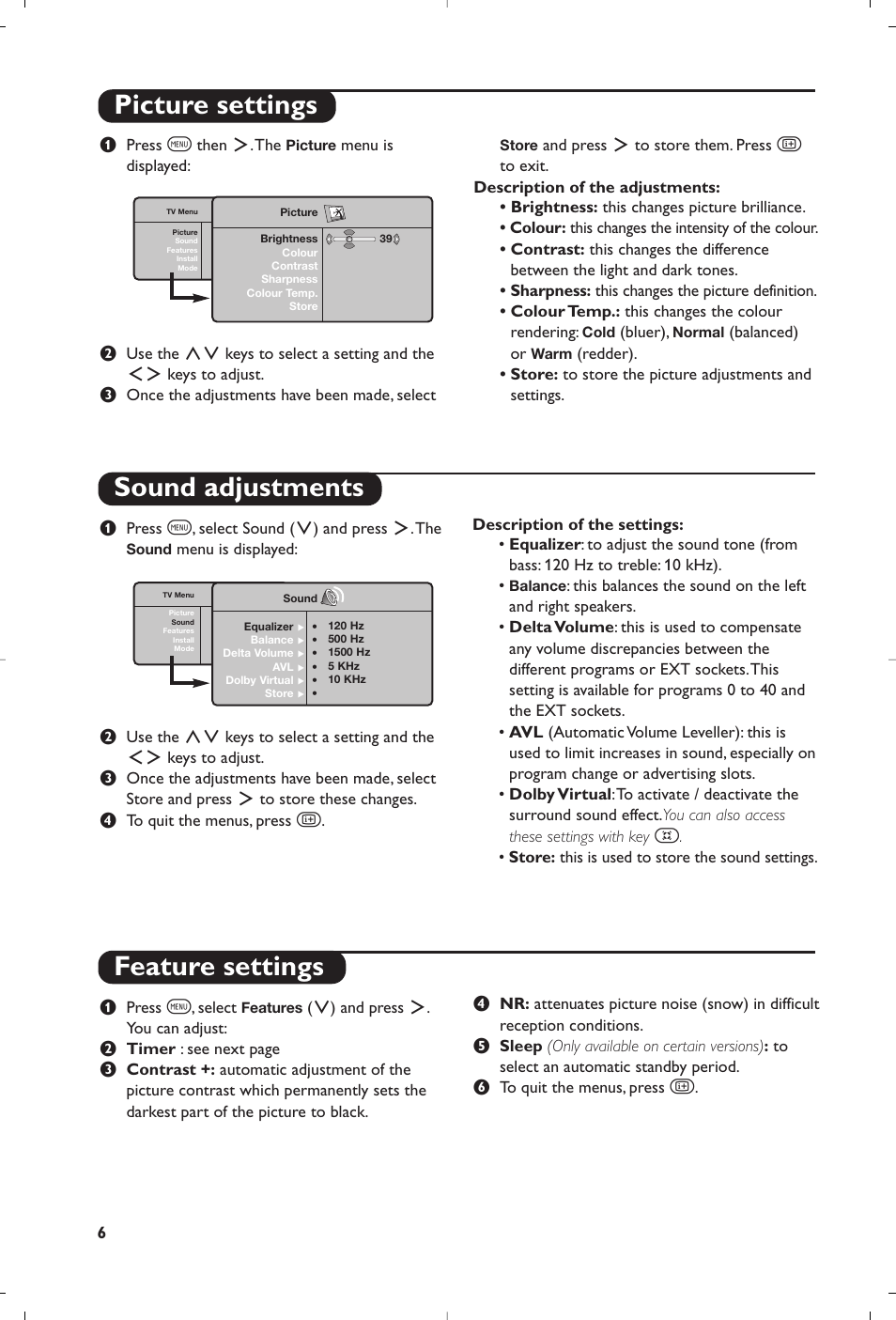 Picture settings sound adjustments, Feature settings | Philips Matchline Flat TV User Manual | Page 6 / 120