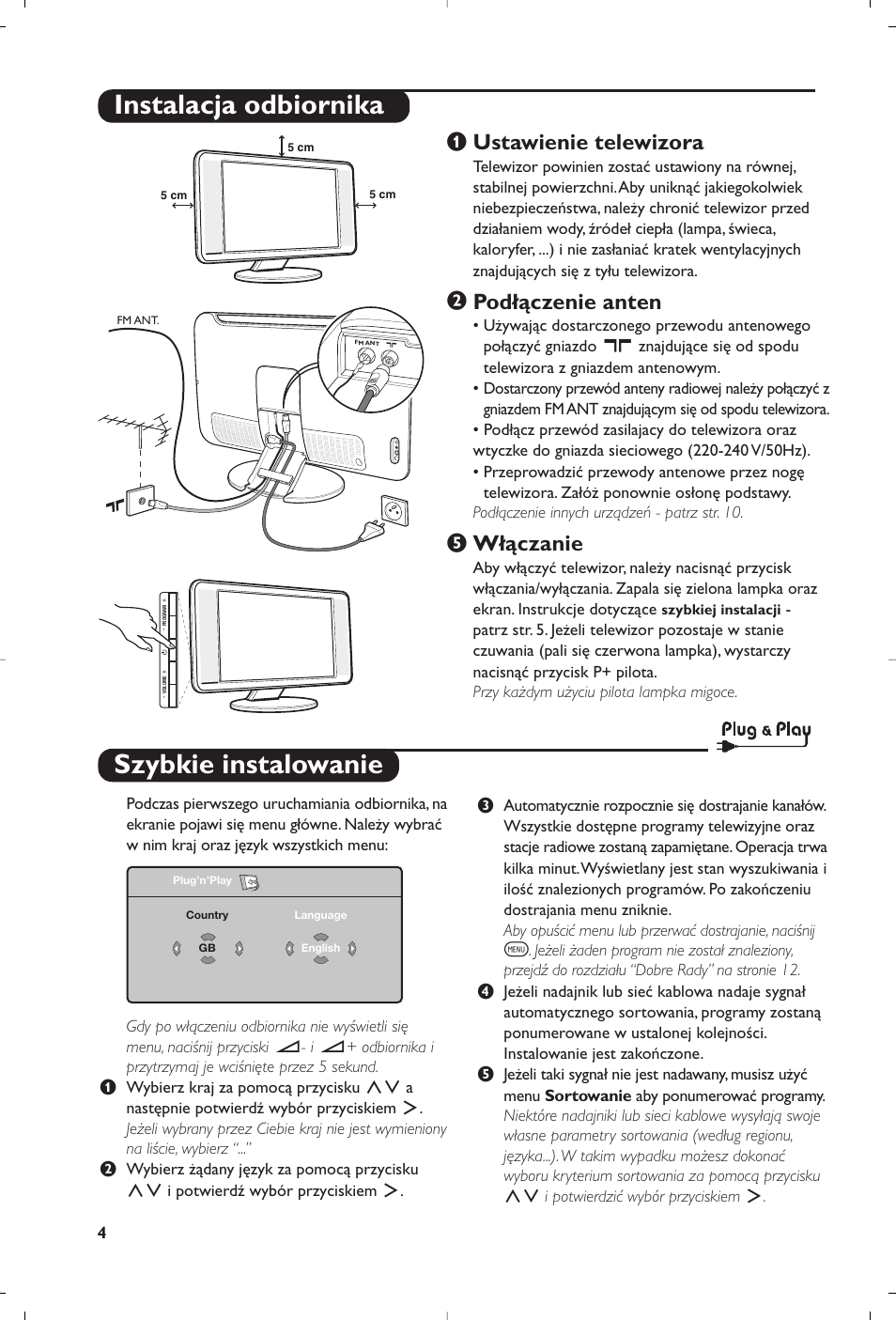 Szybkie instalowanie, Instalacja odbiornika, Ustawienie telewizora | Podłączenie anten, Włączanie | Philips Matchline Flat TV User Manual | Page 64 / 120