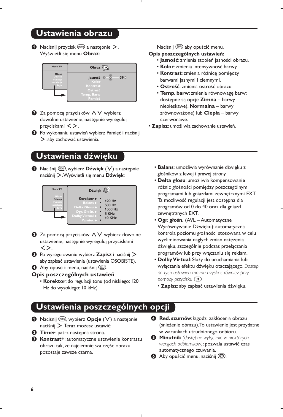 Ustawienia obrazu ustawienia dźwięku, Ustawienia poszczególnych opcji | Philips Matchline Flat TV User Manual | Page 66 / 120