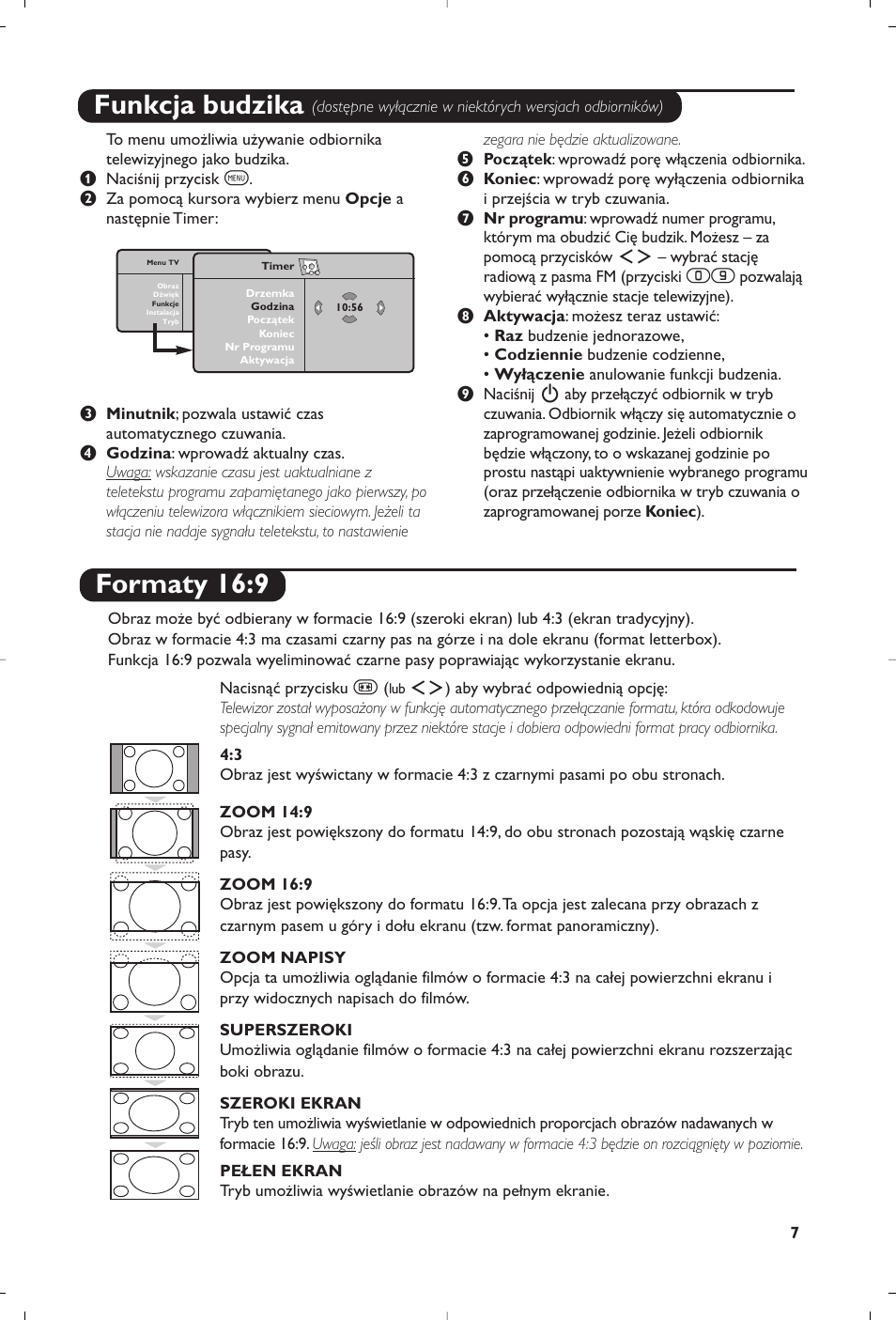 Funkcja budzika, Formaty 16:9 | Philips Matchline Flat TV User Manual | Page 67 / 120