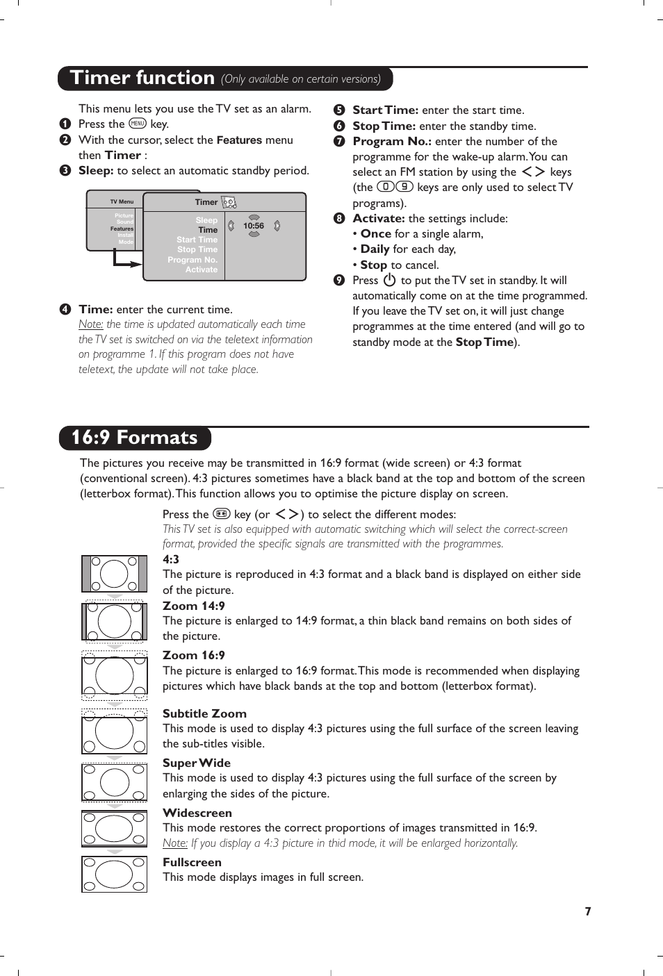 Timer function, 9 formats | Philips Matchline Flat TV User Manual | Page 7 / 120