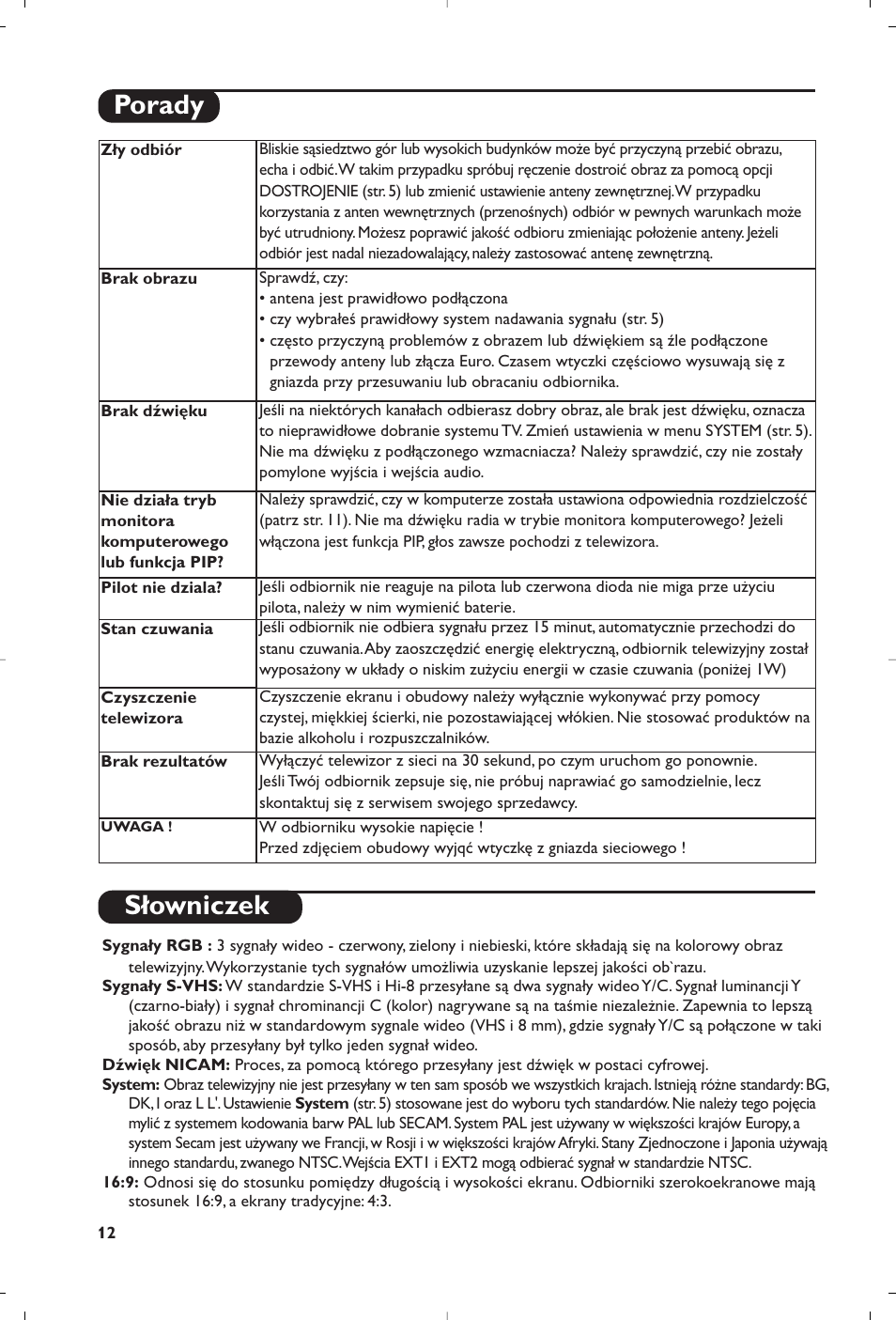 Słowniczek, Porady | Philips Matchline Flat TV User Manual | Page 72 / 120