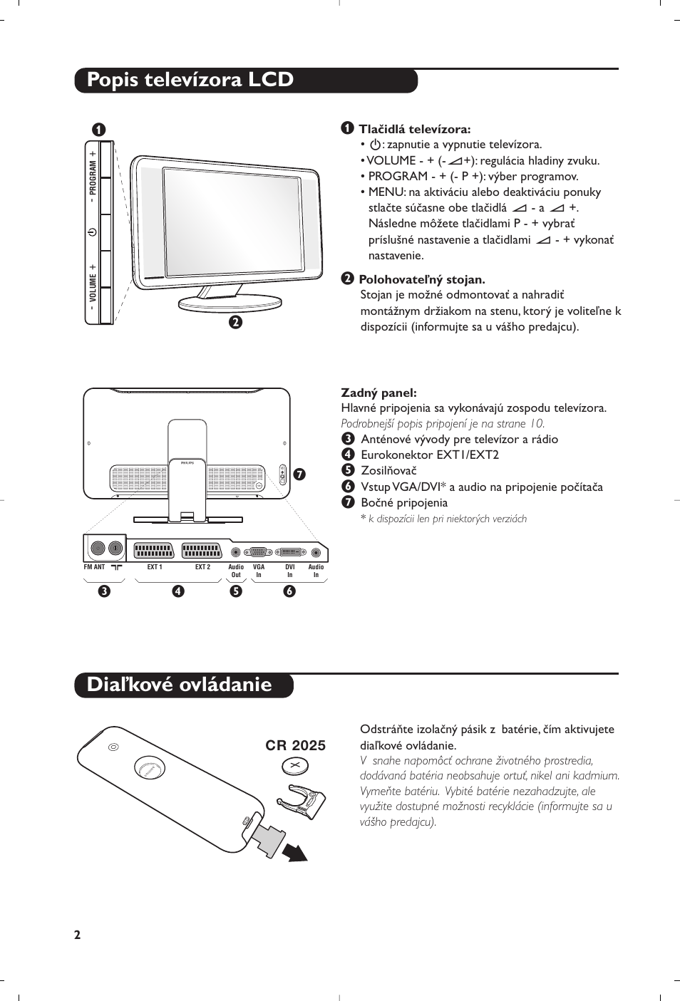 Popis televízora lcd diaľkové ovládanie, Cr 2025 | Philips Matchline Flat TV User Manual | Page 86 / 120