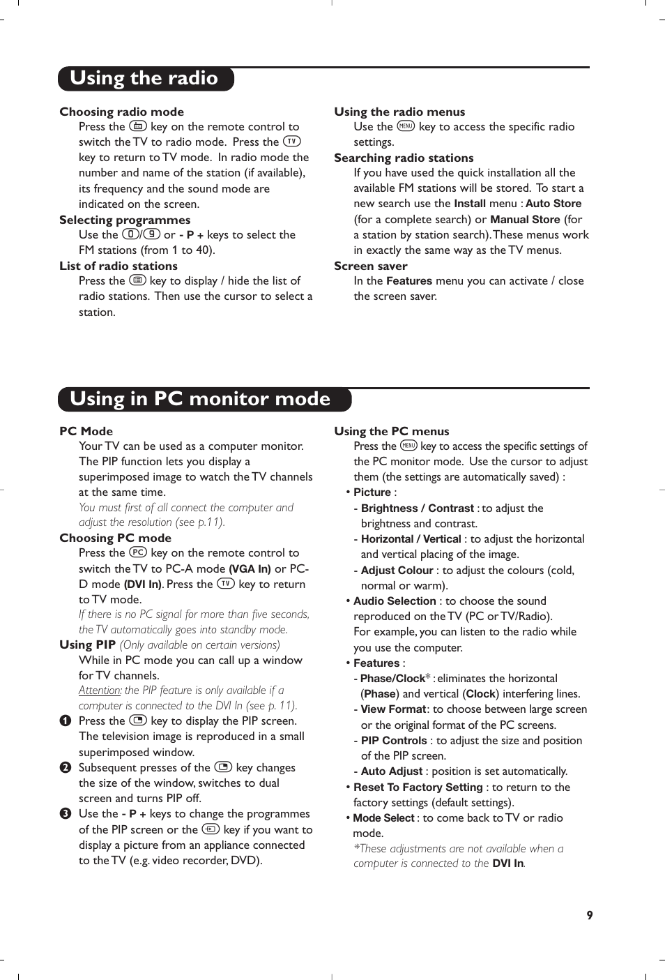 Using the radio using in pc monitor mode | Philips Matchline Flat TV User Manual | Page 9 / 120