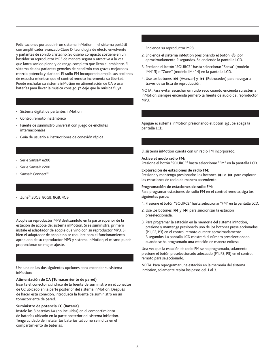 Sistema móvil de parlantes inmotion | Altec Lansing inMotion IM414 User Manual | Page 8 / 12