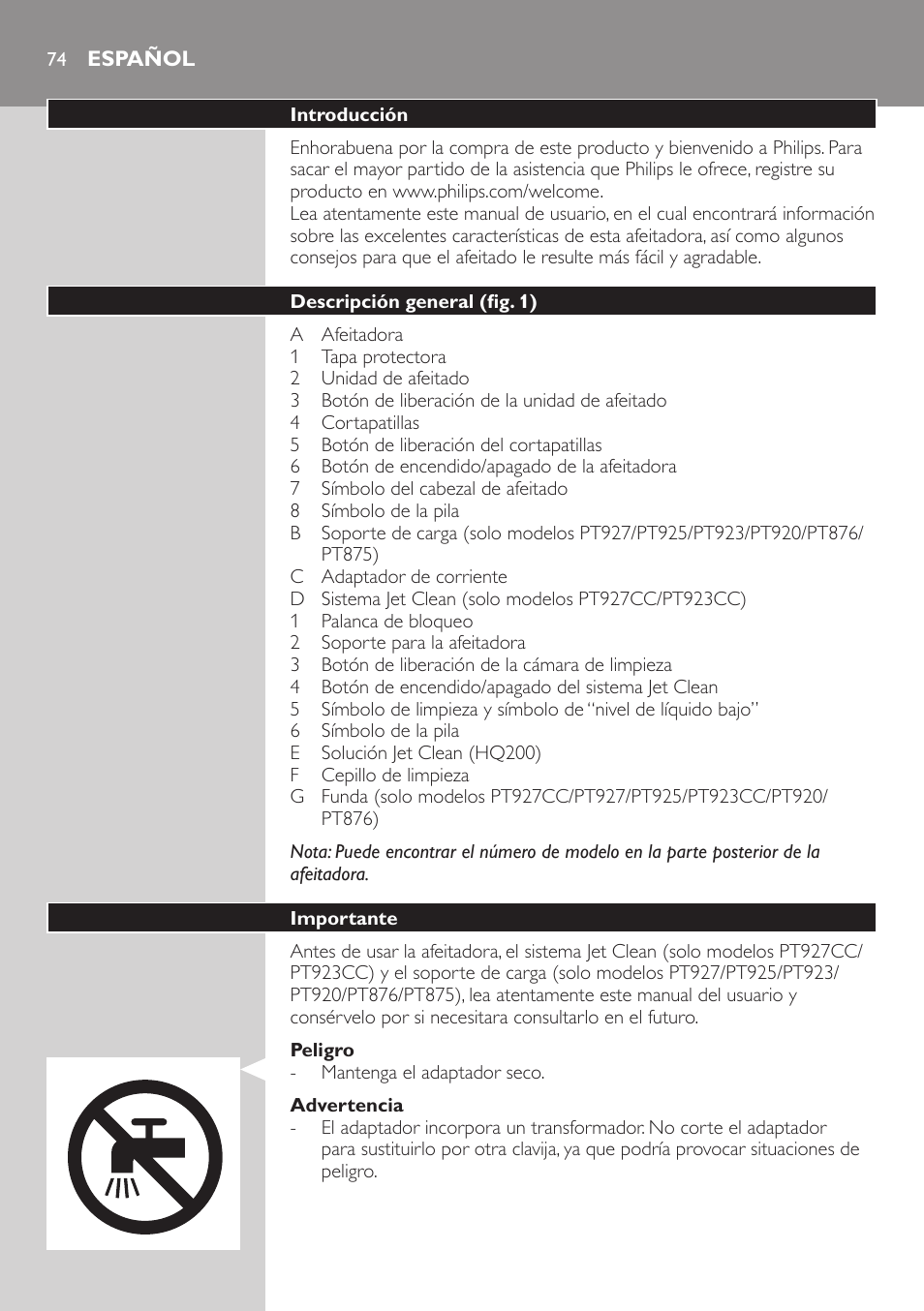 Español | Philips SHAVER Series 5000 afeitadora eléctrica en seco User Manual | Page 74 / 230