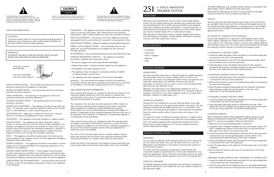 Speaker system, 6 -piece amplified | Altec Lansing 251 User Manual | Page 2 / 10