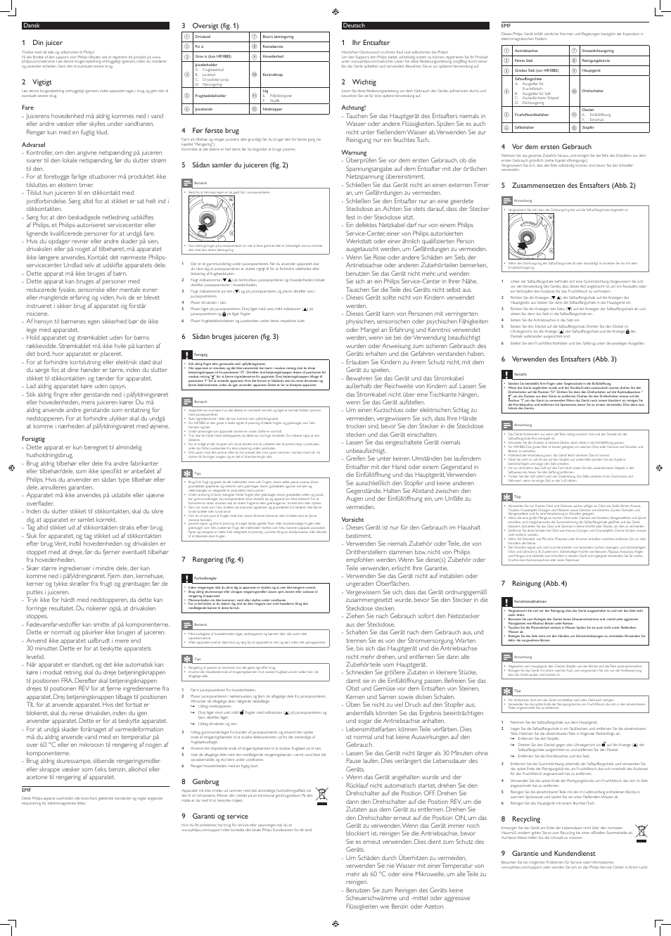 1 din juicer, 2 vigtigt, 3 oversigt (fig. 1) | 4 før første brug, 5 sådan samler du juiceren (fig. 2), 6 sådan bruges juiceren (fig. 3), 7 rengøring (fig. 4), 8 genbrug, 9 garanti og service, 1 ihr entsafter | Philips Avance Collection Licuadora User Manual | Page 2 / 6