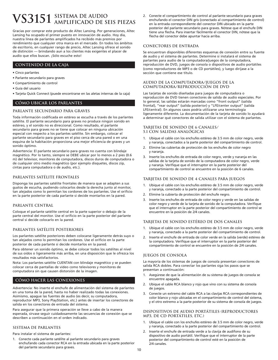 Vs3151, Sistema de audio amplificado de seis piezas | Altec Lansing VS3151 User Manual | Page 12 / 20