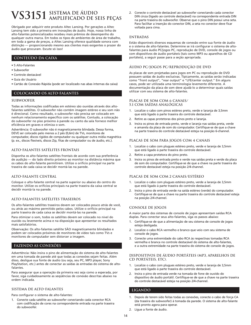 Vs3151, Sistema de áudio amplificado de seis peças | Altec Lansing VS3151 User Manual | Page 16 / 20