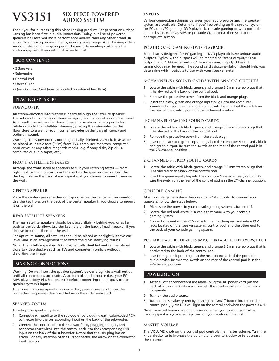 Vs3151, Six-piece powered audio system | Altec Lansing VS3151 User Manual | Page 4 / 20