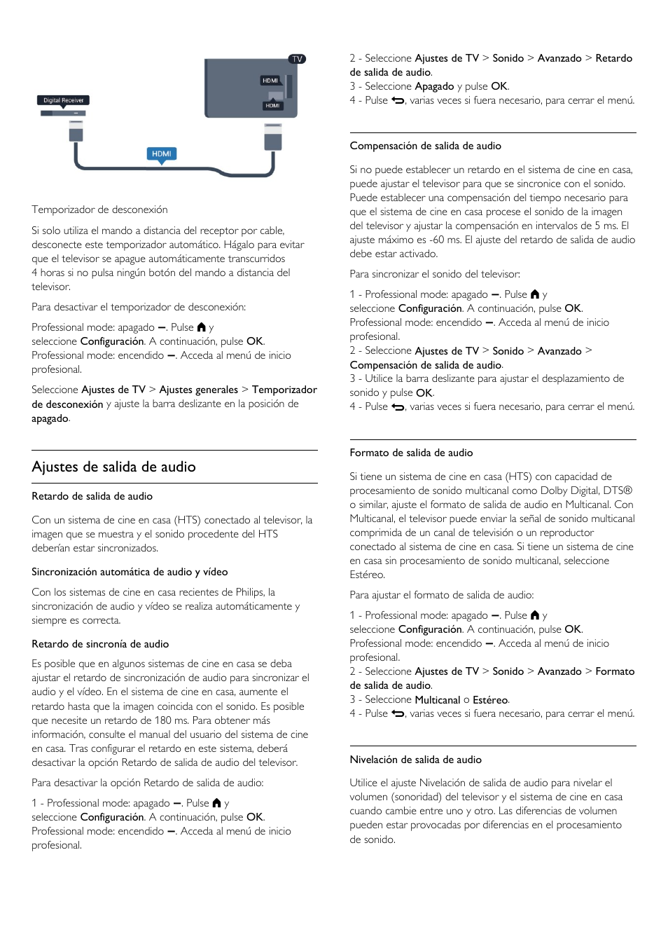 Ajustes de salida de audio | Philips Televisor LED Profesional User Manual | Page 10 / 89