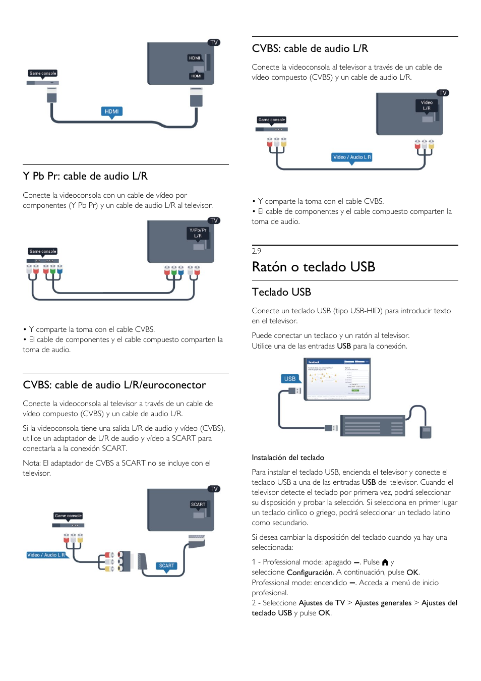 9 - ratón o teclado usb, 9 ratón o teclado usb, Ratón o teclado usb | Y pb pr: cable de audio l/r, Cvbs: cable de audio l/r/euroconector, Cvbs: cable de audio l/r, Teclado usb | Philips Televisor LED Profesional User Manual | Page 12 / 89