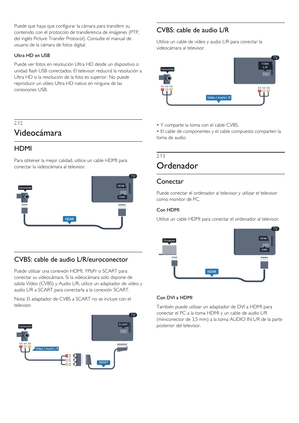 12 - videocámara, 13 - ordenador, 12 videocámara | 13 ordenador, Videocámara, Ordenador, Hdmi, Cvbs: cable de audio l/r/euroconector, Cvbs: cable de audio l/r, Conectar | Philips Televisor LED Profesional User Manual | Page 14 / 89