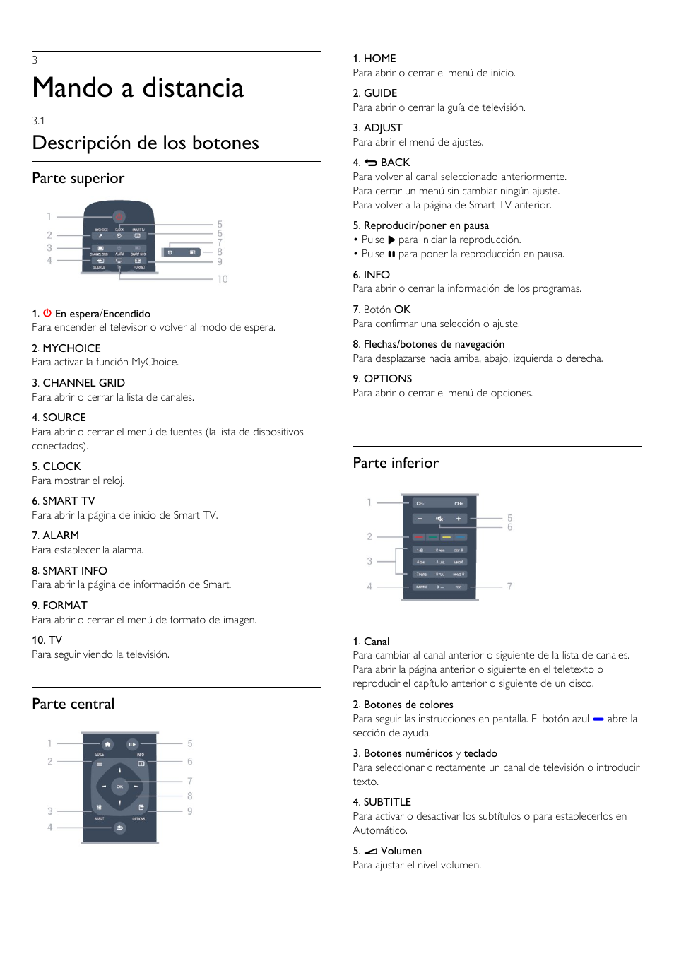 3 - mando a distancia, 1 - descripción de los botones, 3 mando a distancia 16 | 1 descripción de los botones, Mando a distancia, Descripción de los botones, Parte superior, Parte central, Parte inferior | Philips Televisor LED Profesional User Manual | Page 16 / 89