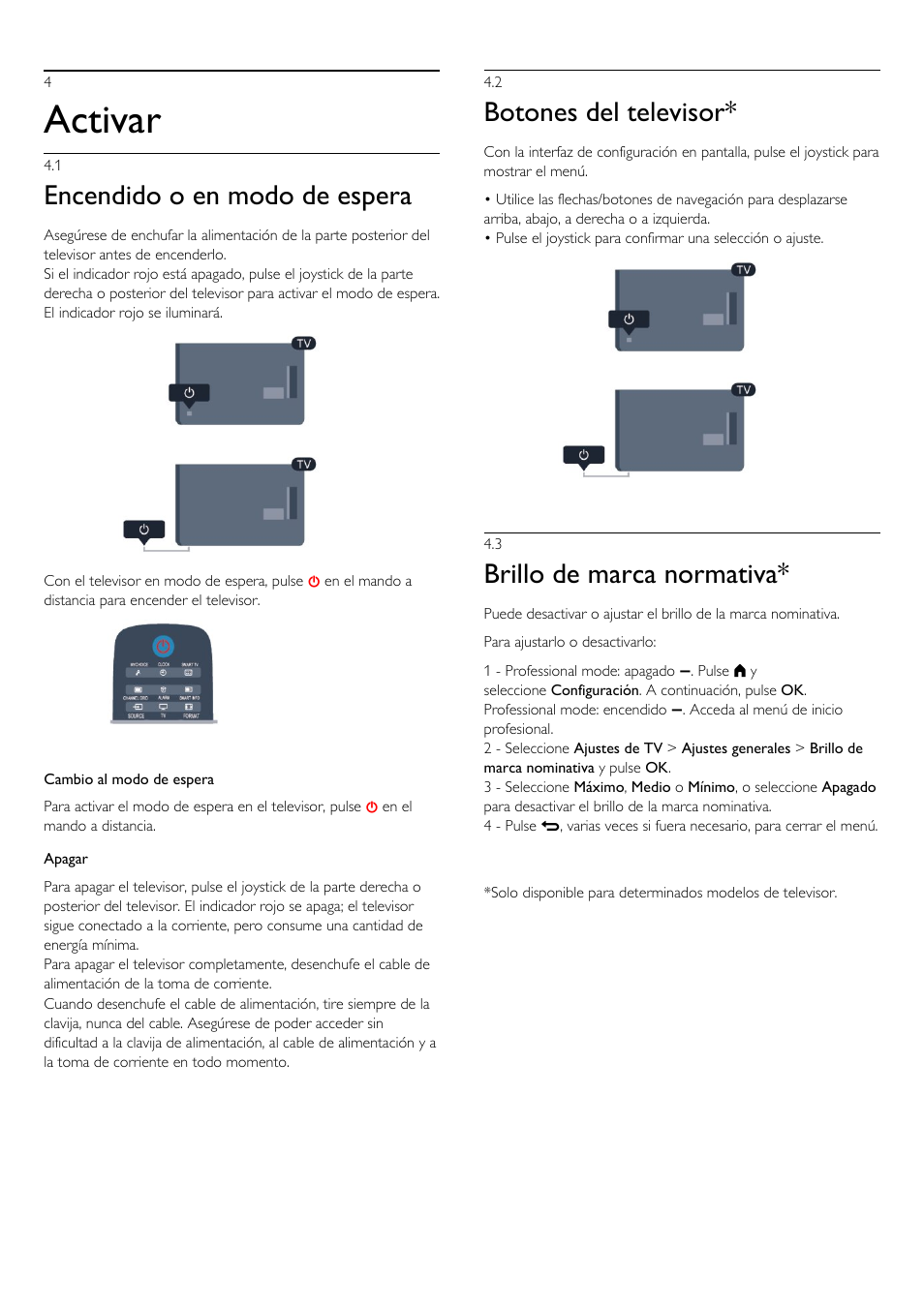 4 - activar, 1 - encendido o en modo de espera, 2 - botones del televisor | 3 - brillo de marca normativa, 4 activar 18, 1 encendido o en modo de espera, 2 botones del televisor, 3 brillo de marca normativa, Activar, Encendido o en modo de espera | Philips Televisor LED Profesional User Manual | Page 18 / 89