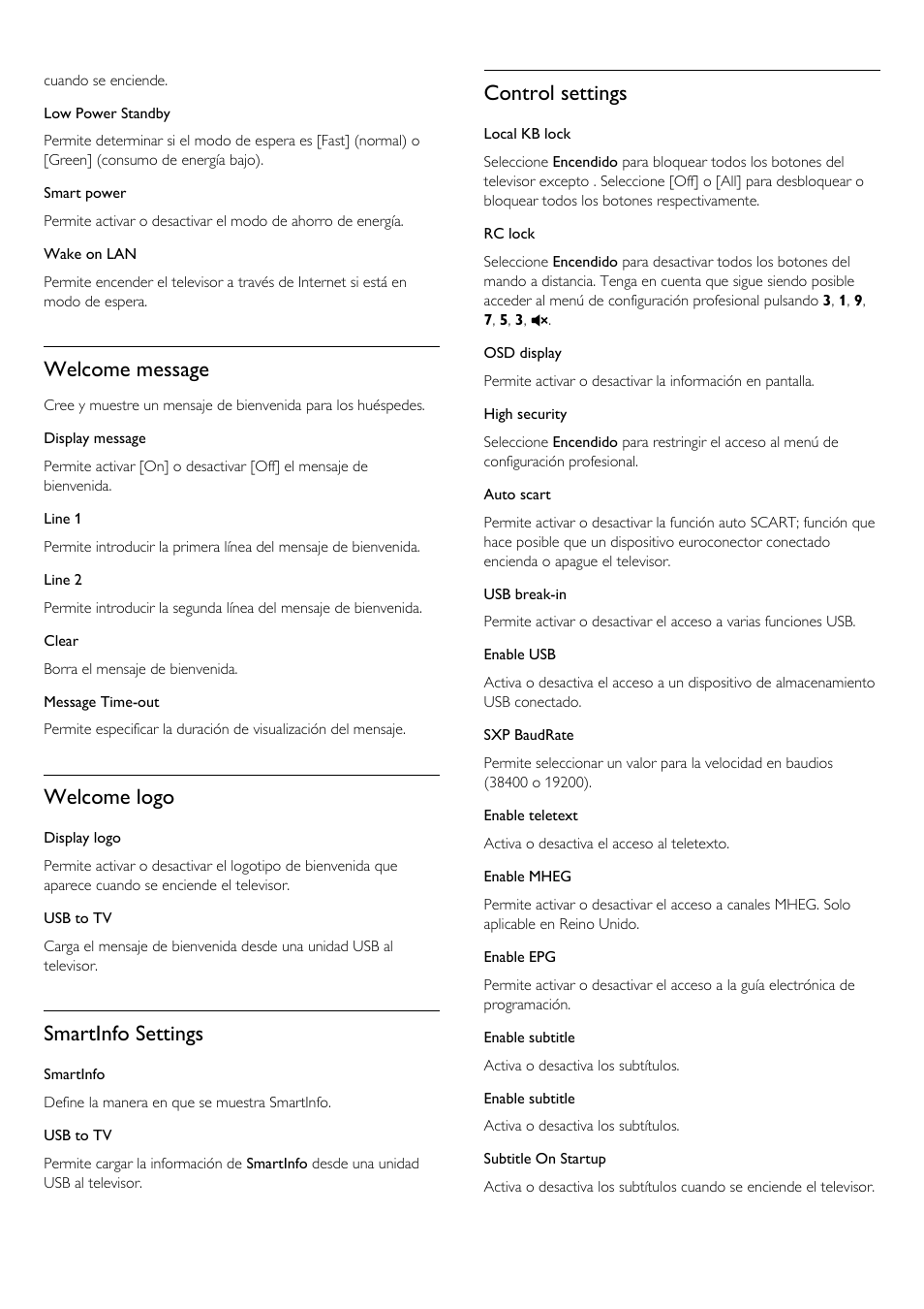 Welcome message, Welcome logo, Smartinfo settings | Control settings | Philips Televisor LED Profesional User Manual | Page 20 / 89