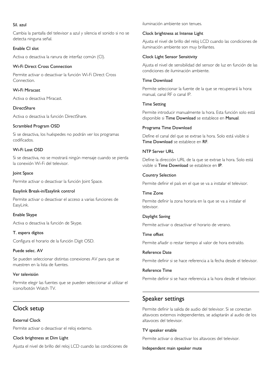 Clock setup, Speaker settings | Philips Televisor LED Profesional User Manual | Page 21 / 89