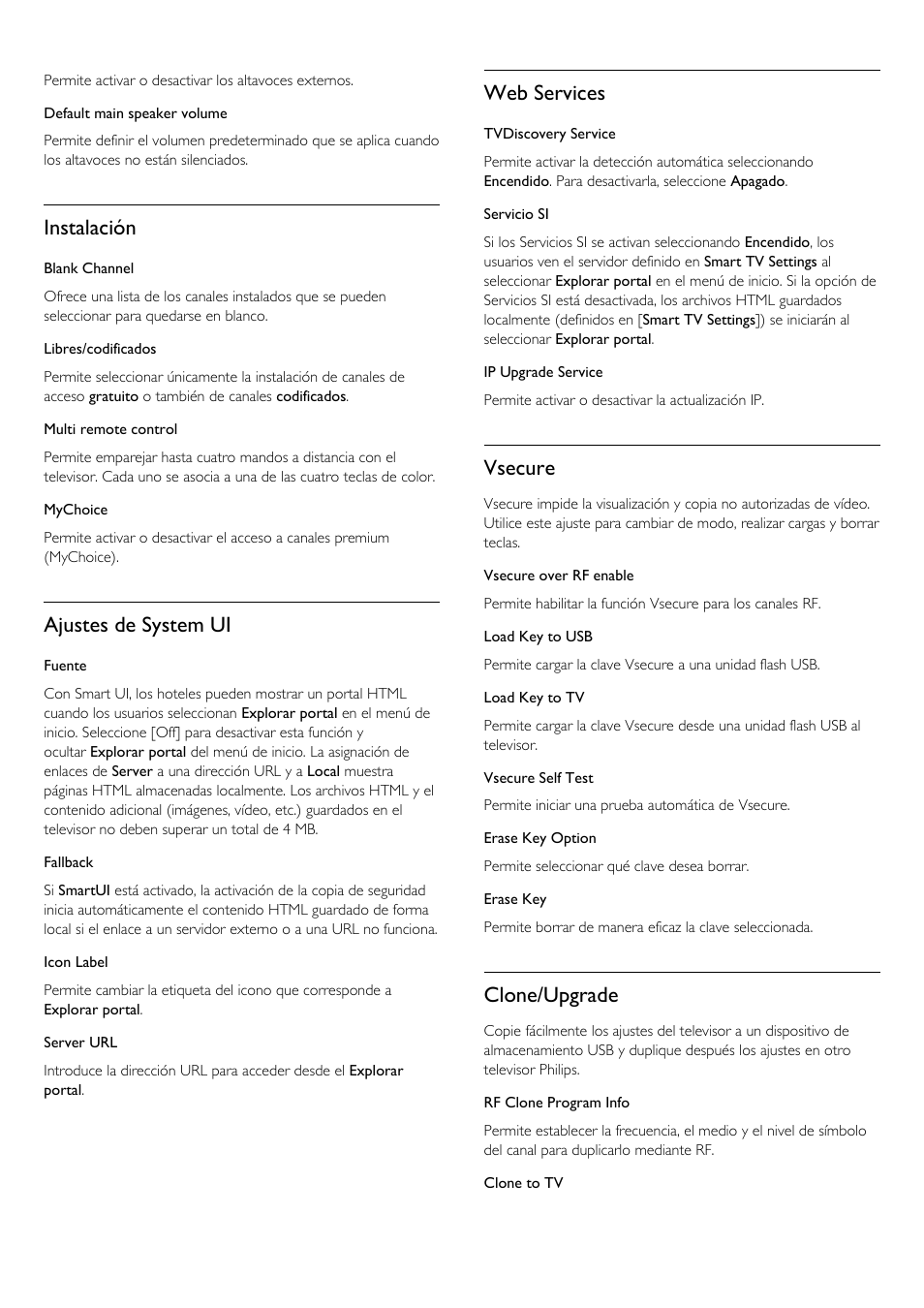 Instalación, Ajustes de system ui, Web services | Vsecure, Clone/upgrade | Philips Televisor LED Profesional User Manual | Page 22 / 89