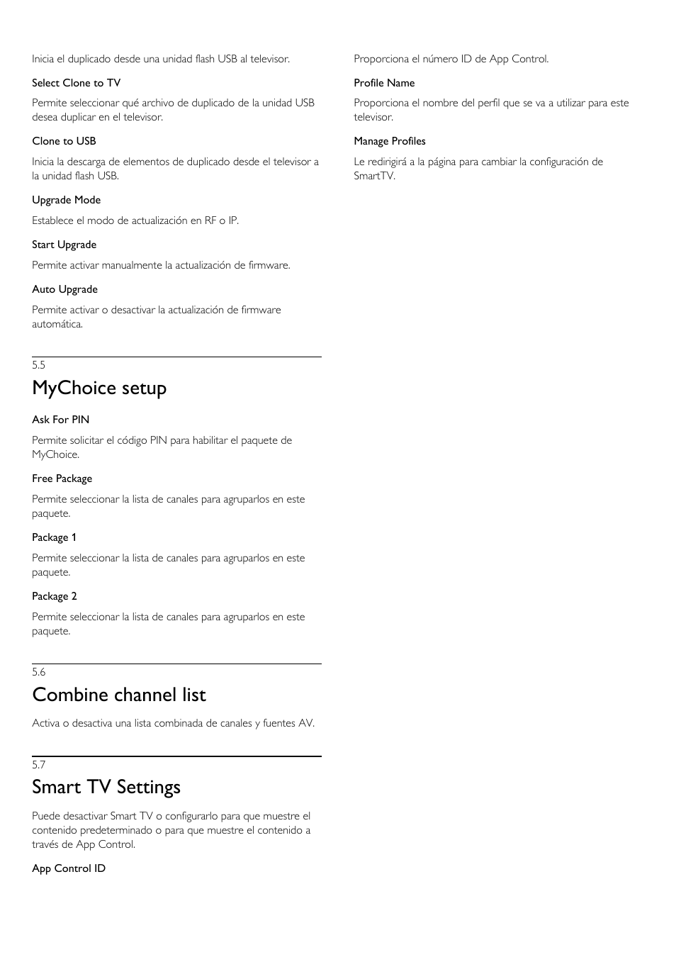 5 - mychoice setup, 6 - combine channel list, 7 - smart tv settings | 5 mychoice setup, 6 combine channel list, 7 smart tv settings, Mychoice setup, Combine channel list, Smart tv settings | Philips Televisor LED Profesional User Manual | Page 23 / 89