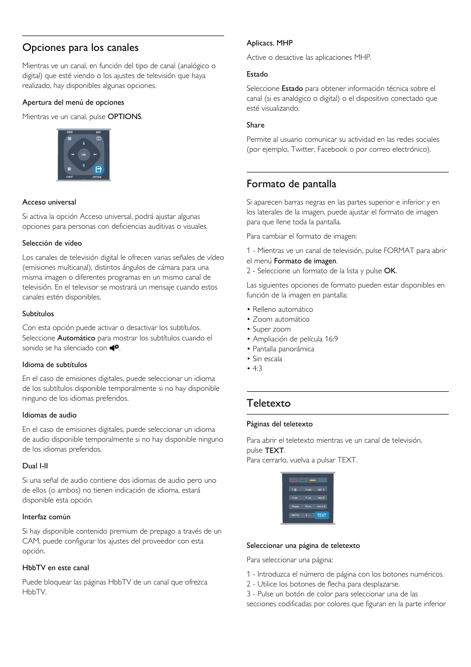 Opciones para los canales, Formato de pantalla, Teletexto | Philips Televisor LED Profesional User Manual | Page 26 / 89