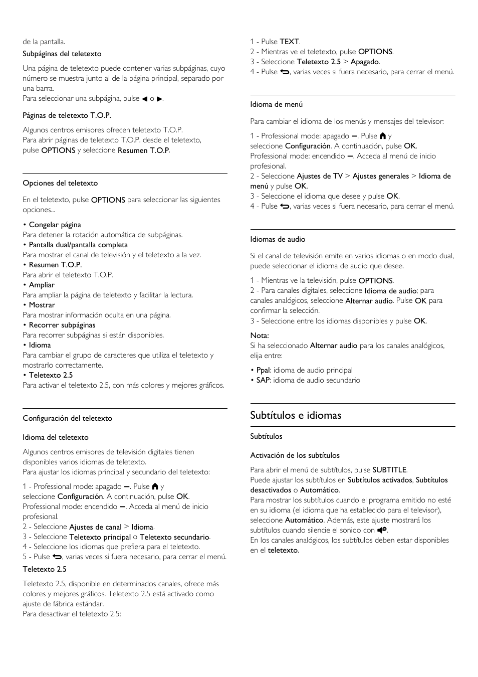 Subtítulos e idiomas | Philips Televisor LED Profesional User Manual | Page 27 / 89