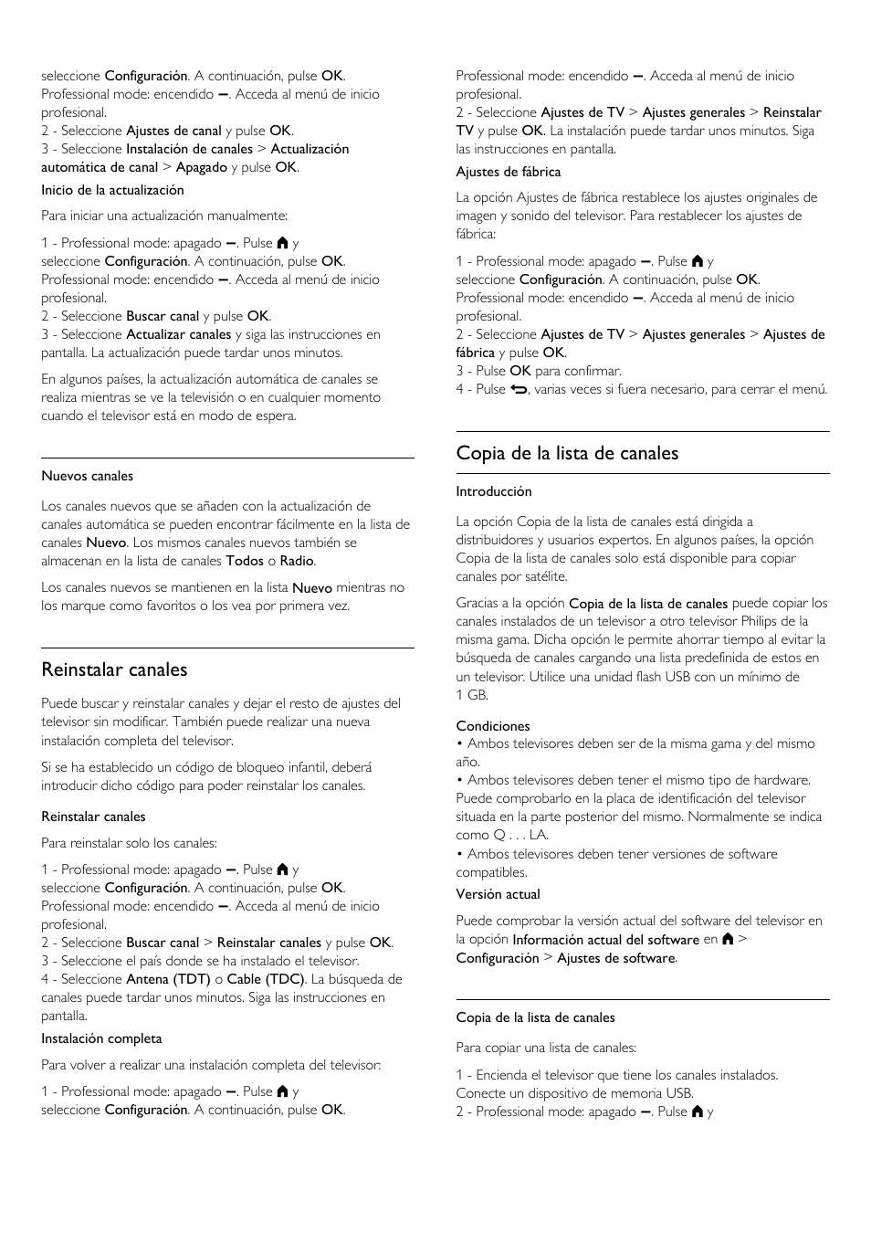 Reinstalar canales, Copia de la lista de canales | Philips Televisor LED Profesional User Manual | Page 30 / 89