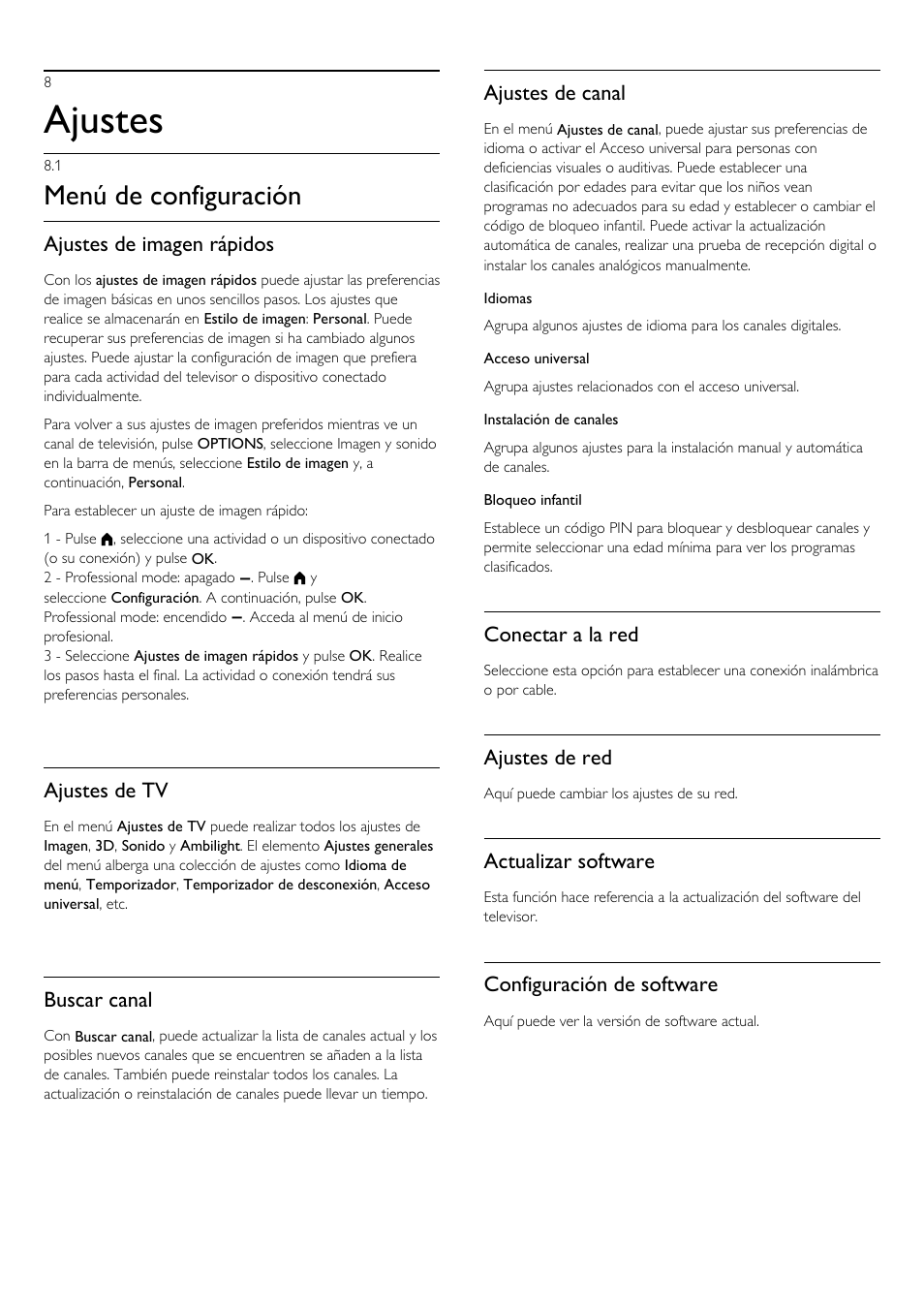 8 - ajustes, 1 - menú de configuración, 2 - imágenes | 8 ajustes 35, 1 menú de configuración, 2 imágenes, Ajustes, Menú de configuración, Ajustes de imagen rápidos, Ajustes de tv | Philips Televisor LED Profesional User Manual | Page 35 / 89