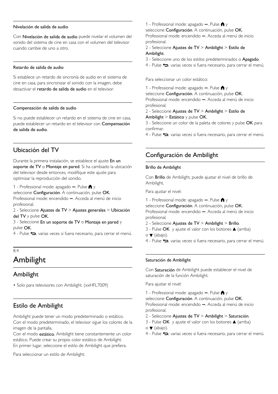 4 - ambilight, 4 ambilight, Ambilight | Ubicación del tv, Estilo de ambilight, Configuración de ambilight | Philips Televisor LED Profesional User Manual | Page 41 / 89