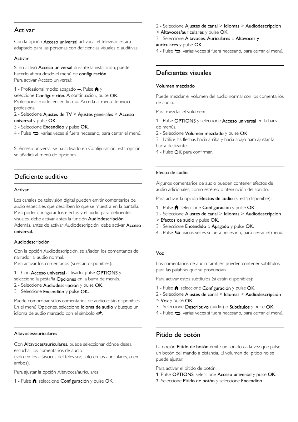 Activar, Deficiente auditivo, Deficientes visuales | Pitido de botón | Philips Televisor LED Profesional User Manual | Page 43 / 89