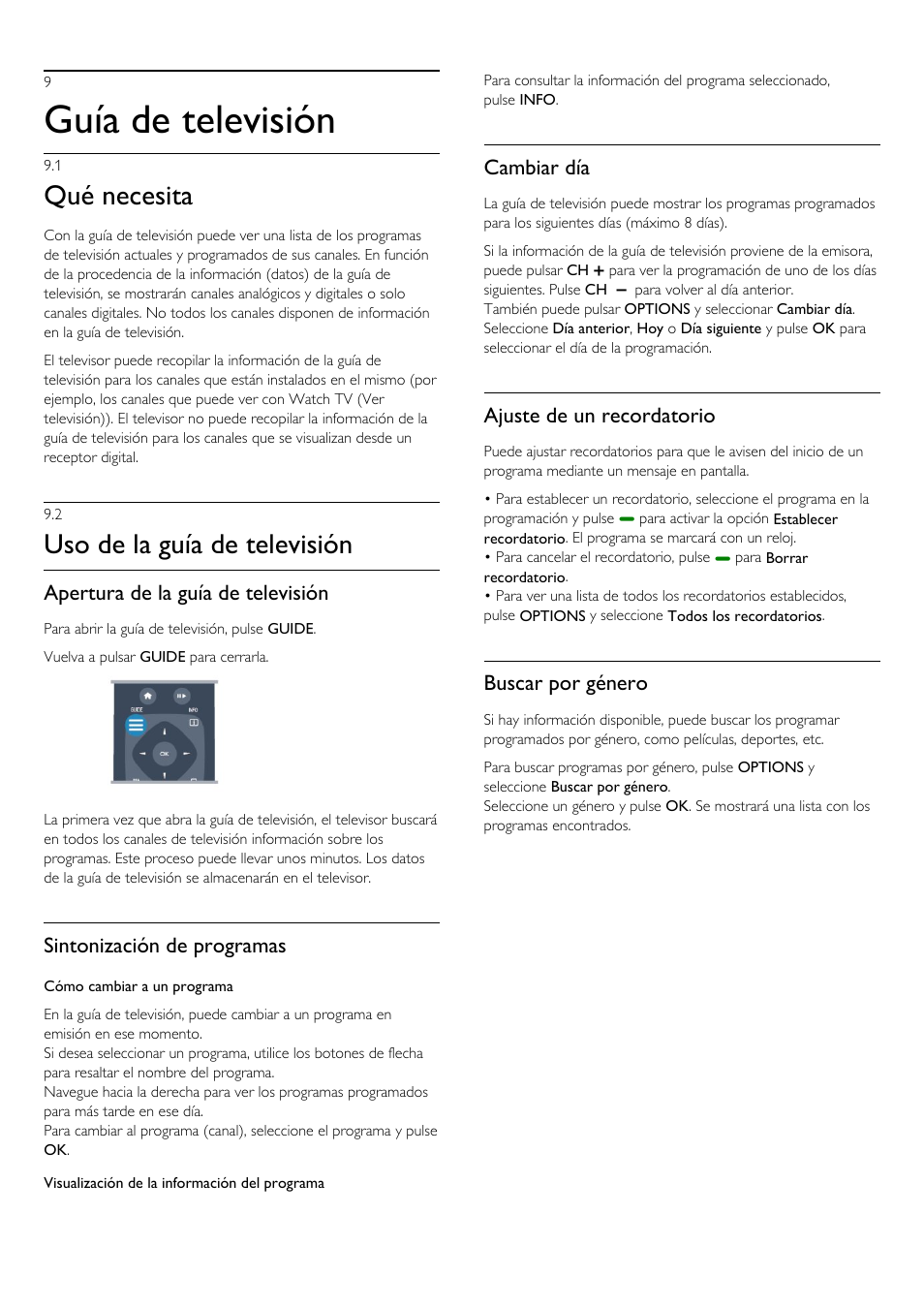 9 - guía de televisión, 1 - qué necesita, 2 - uso de la guía de televisión | 9 guía de televisión 45, 1 qué necesita, 2 uso de la guía de televisión, Guía de televisión, Qué necesita, Uso de la guía de televisión, Apertura de la guía de televisión | Philips Televisor LED Profesional User Manual | Page 45 / 89