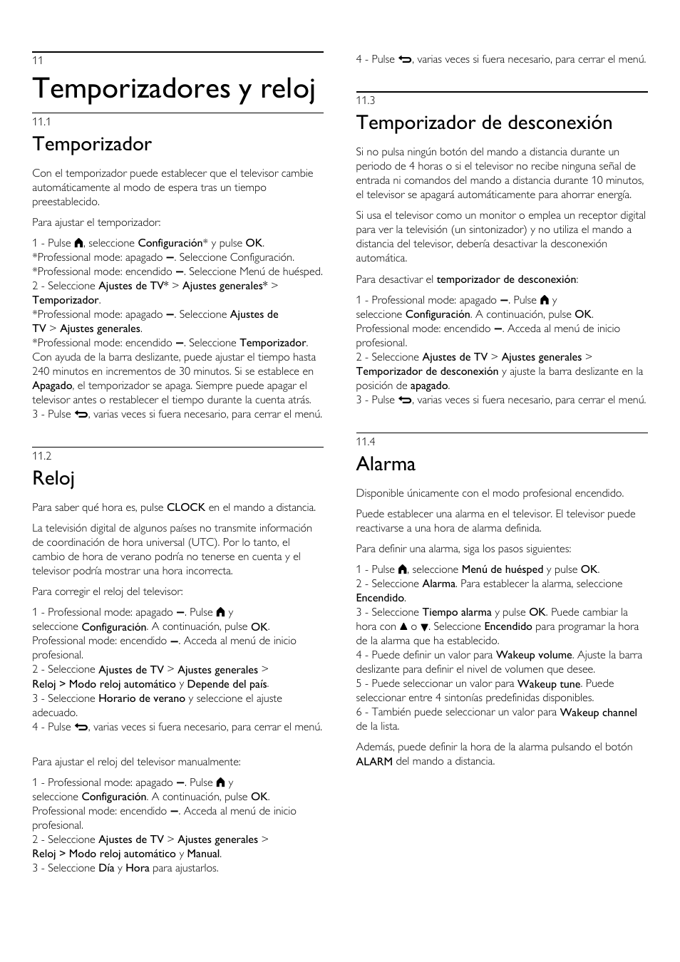 11 - temporizadores y reloj, 1 - temporizador, 2 - reloj | 3 - temporizador de desconexión, 4 - alarma, 11 temporizadores y reloj 47, 1 temporizador, 2 reloj, 3 temporizador de desconexión, 4 alarma | Philips Televisor LED Profesional User Manual | Page 47 / 89