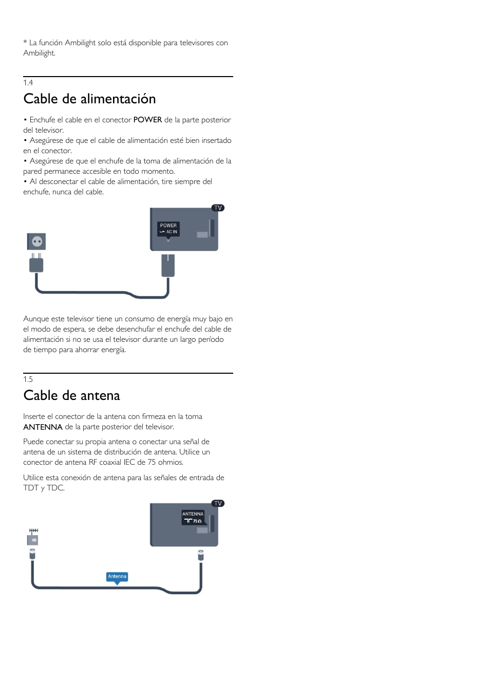 4 - cable de alimentación, 5 - cable de antena, 4 cable de alimentación | 5 cable de antena, Cable de alimentación, Cable de antena | Philips Televisor LED Profesional User Manual | Page 5 / 89