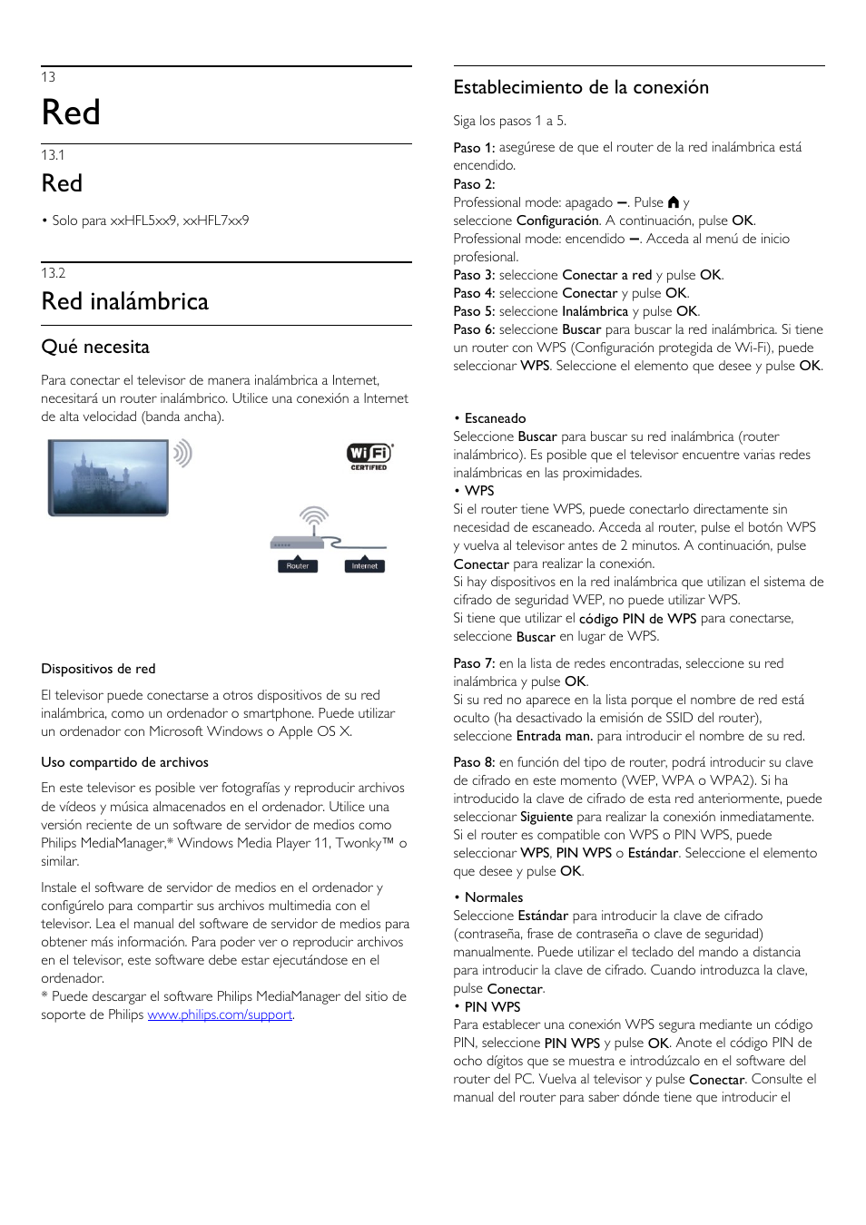 13 - red, 1 - red, 2 - red inalámbrica | 13 red 50, 1 red, 2 red inalámbrica, Red inalámbrica, Qué necesita, Establecimiento de la conexión | Philips Televisor LED Profesional User Manual | Page 50 / 89