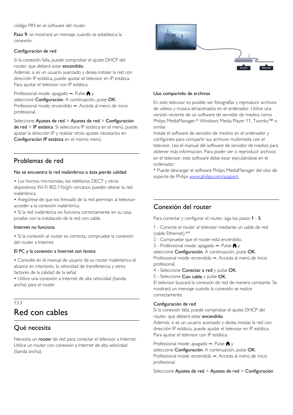 3 - red con cables, 3 red con cables, Red con cables | Problemas de red, Qué necesita, Conexión del router | Philips Televisor LED Profesional User Manual | Page 51 / 89