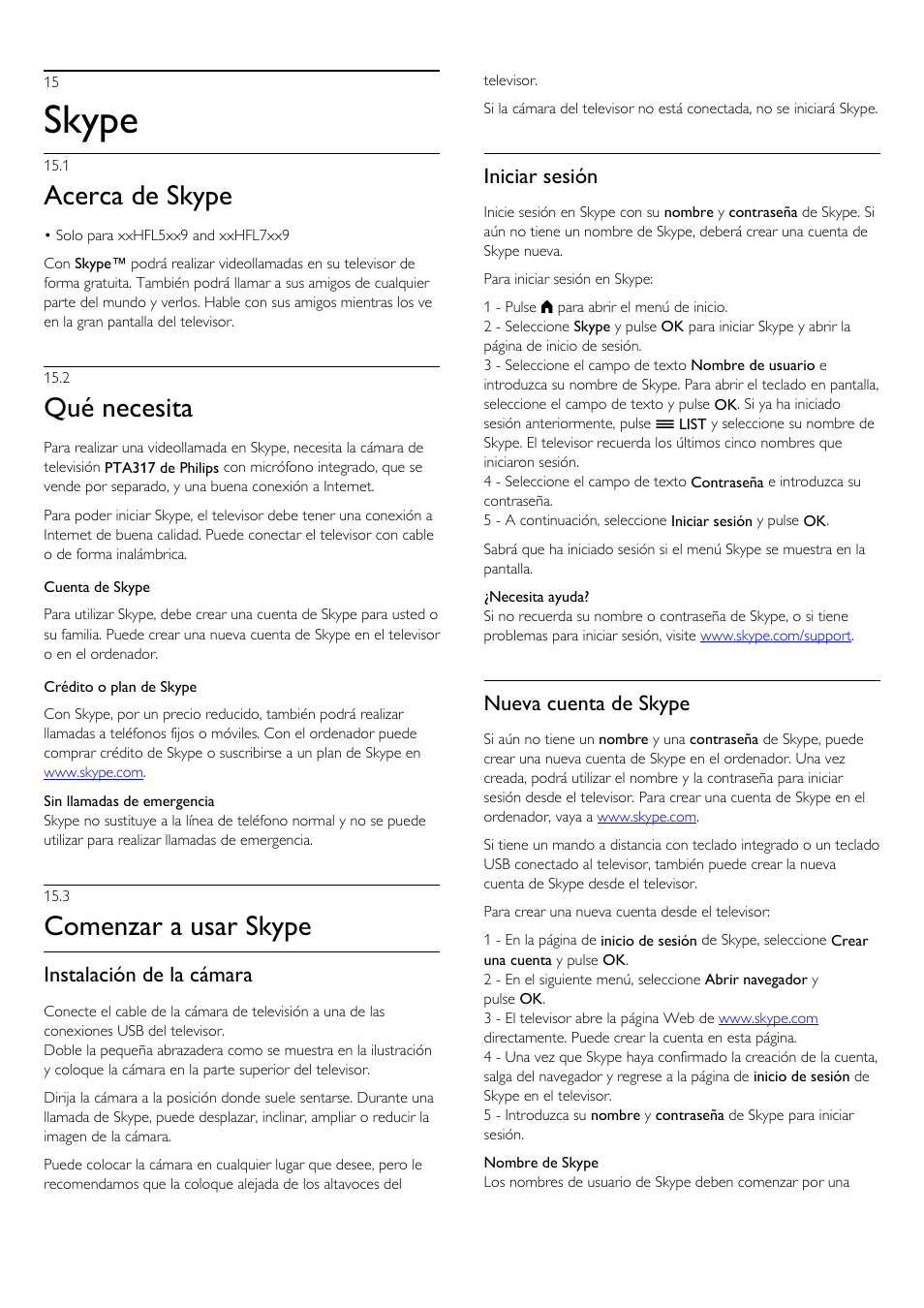 15 - skype, 1 - acerca de skype, 2 - qué necesita | 3 - comenzar a usar skype, 15 skype 56, 1 acerca de skype, 2 qué necesita, 3 comenzar a usar skype, Skype, Acerca de skype | Philips Televisor LED Profesional User Manual | Page 56 / 89