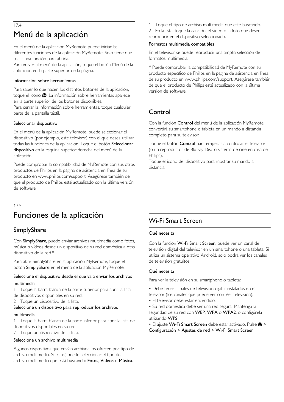 5 - funciones de la aplicación, 5 funciones de la aplicación, Menú de la aplicación | Funciones de la aplicación, Simplyshare, Control, Wi-fi smart screen | Philips Televisor LED Profesional User Manual | Page 66 / 89