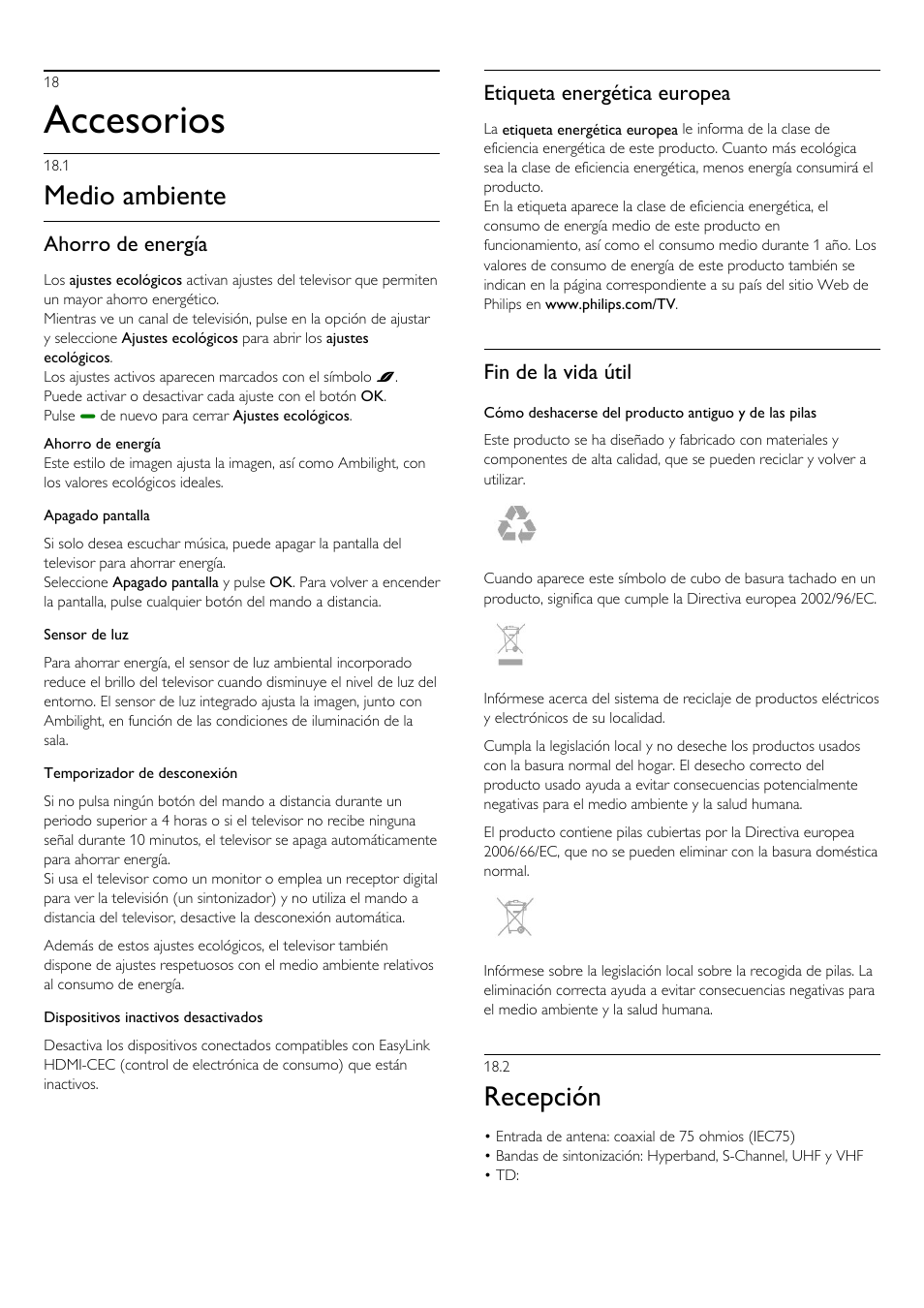 18 - accesorios, 1 - medio ambiente, 2 - recepción | 18 accesorios 68, 1 medio ambiente, 2 recepción, Accesorios, Medio ambiente, Recepción, Ahorro de energía | Philips Televisor LED Profesional User Manual | Page 68 / 89