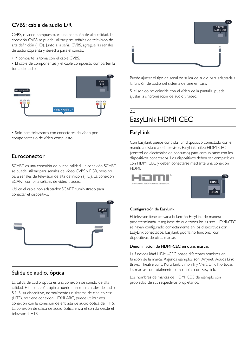 2 - easylink hdmi cec, 2 easylink hdmi cec, Easylink hdmi cec | Cvbs: cable de audio l/r, Euroconector, Salida de audio, óptica, Easylink | Philips Televisor LED Profesional User Manual | Page 7 / 89