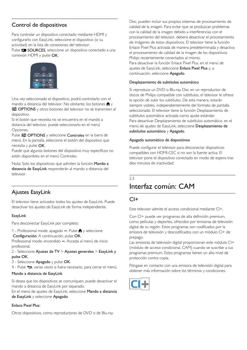 3 - interfaz común: cam, 3 interfaz común: cam, Interfaz común: cam | Control de dispositivos, Ajustes easylink | Philips Televisor LED Profesional User Manual | Page 8 / 89